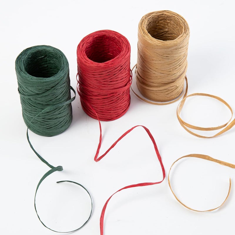 Jocomoni 3 Roll Raffia Ribbon 984ft Raffia Paper Ribbon Red Green Kraft Raffia Paper Twine Wrapping Ribbon for Christmas Gift Wrapping DIY Craft Supply（328ft Each Roll） - Image 3